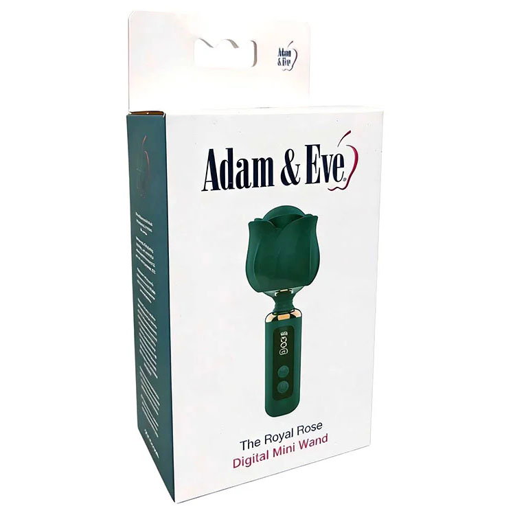 Adam & Eve Royal Rose Mini Wand vibrator in green with flower-shaped head and digital display
